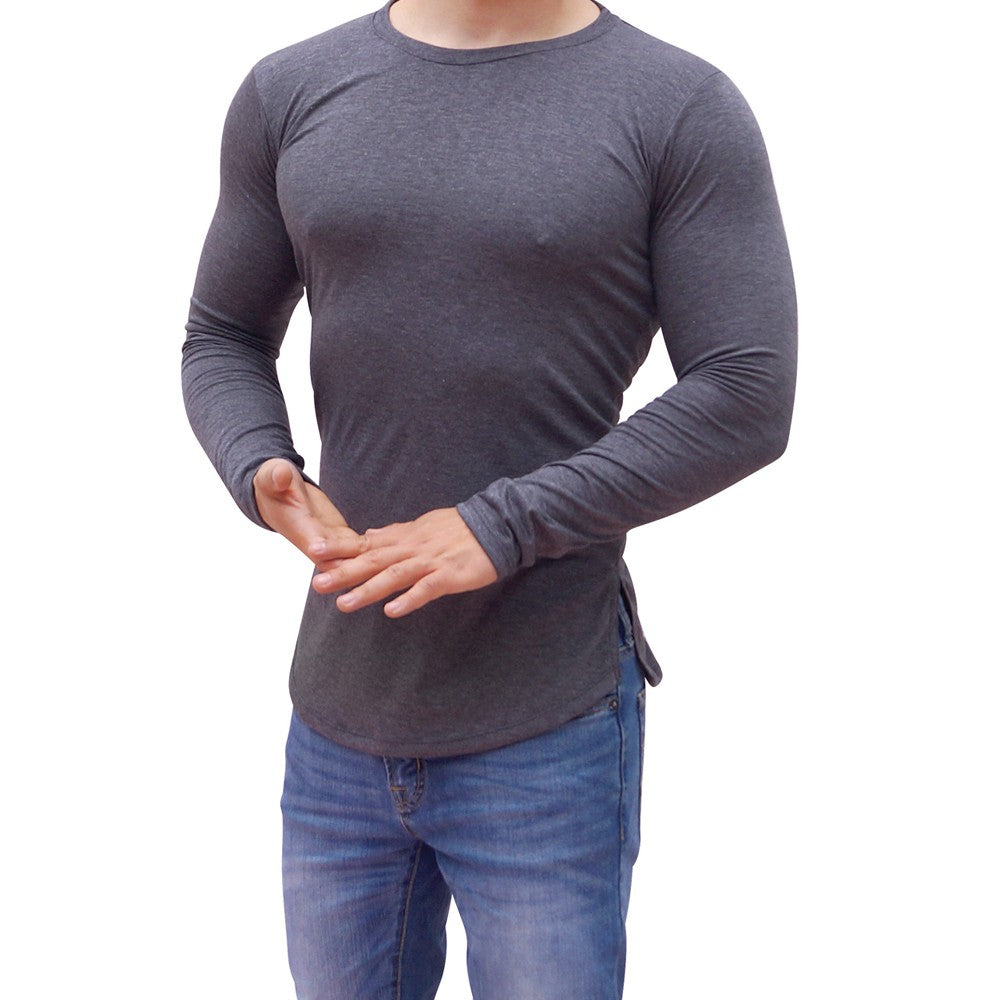 Oxford Gray Round Neck Long Sleeve T-shirt With Opening