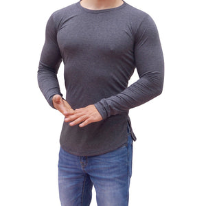 Oxford Gray Round Neck Long Sleeve T-shirt With Opening