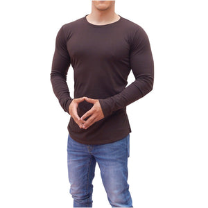 Brown Round Neck Long Sleeve T-shirt With Opening