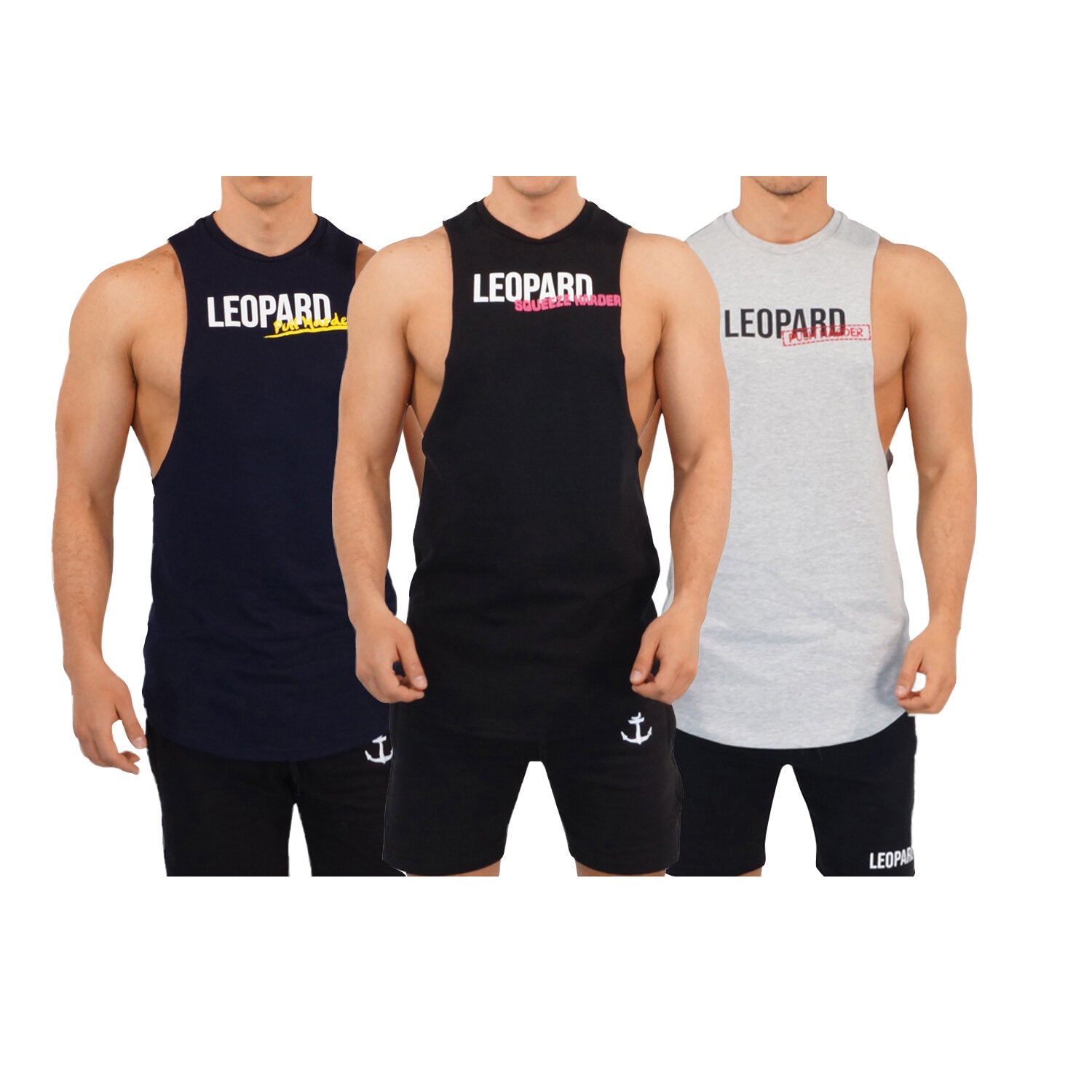 Gym Sleeveless Tee Harder 3 Pack Navy Pull-Black Squeeze-Gray Push