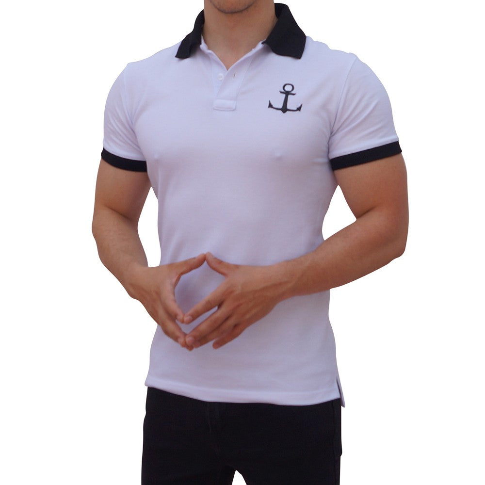 White Polo Shirt Black Logo White Short Sleeve