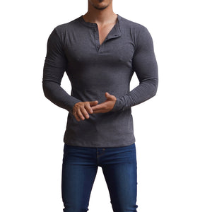 Playera Henley Manga Larga Gris Oxford