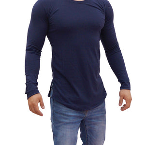 Navy Blue Round Neck Long Sleeve T-shirt With Opening