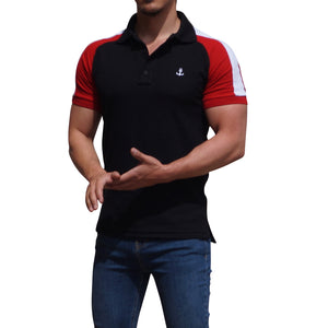 Black Raglan Polo Shirt Red Sleeves White Logo