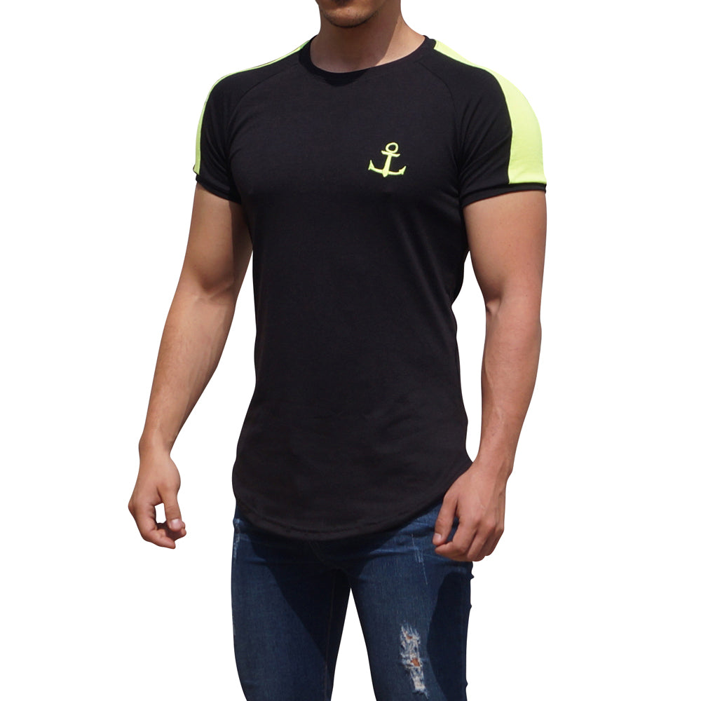 Black Short Sleeve Raglan T-shirt with Neon Yellow Stripe