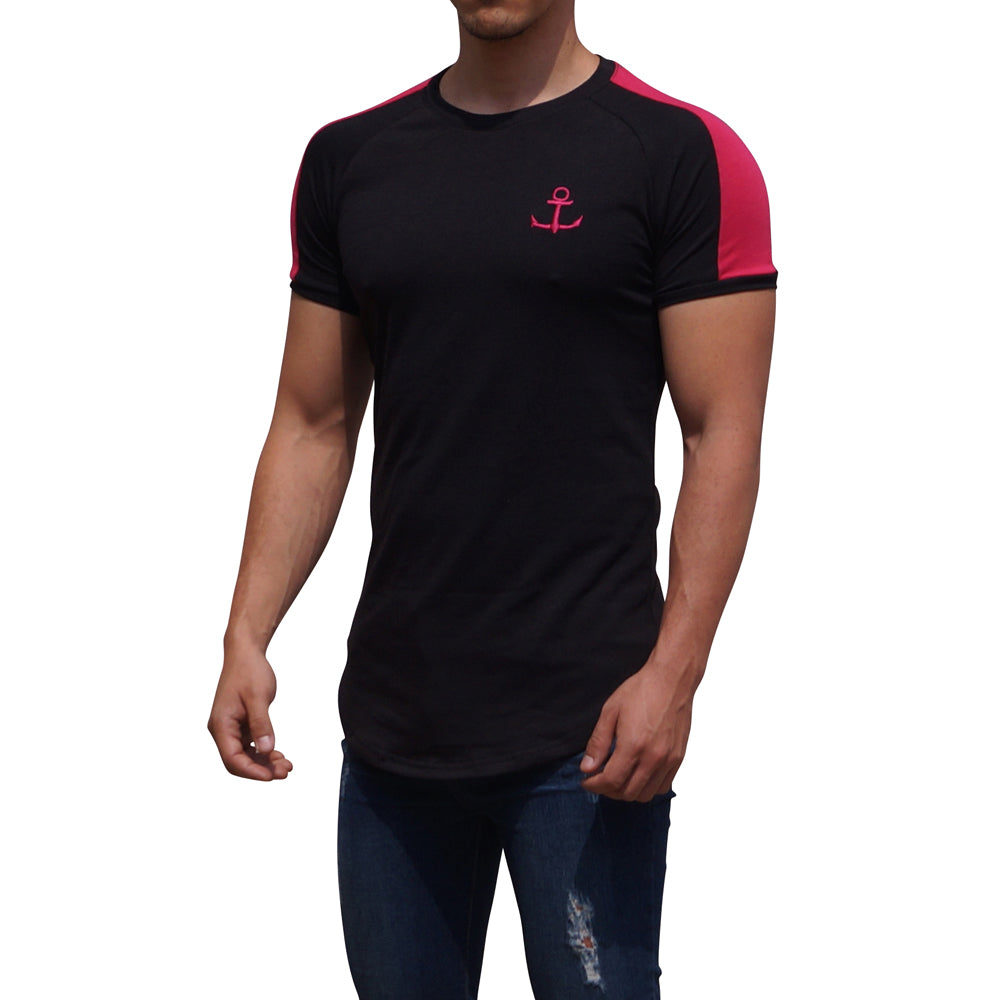 Black Short Sleeve Raglan T-shirt with Neon Pink Stripe