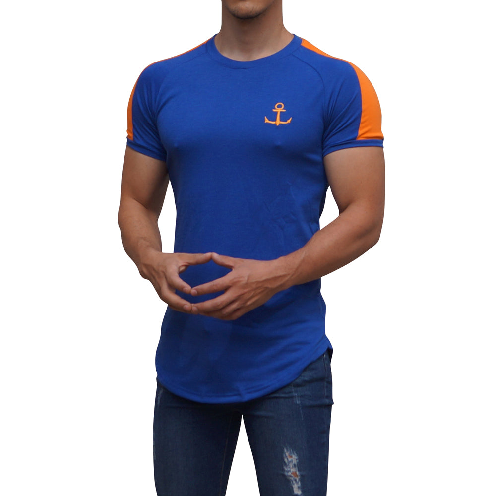Royal Blue Short Sleeve Orange Stripe Ranglan T-Shirt