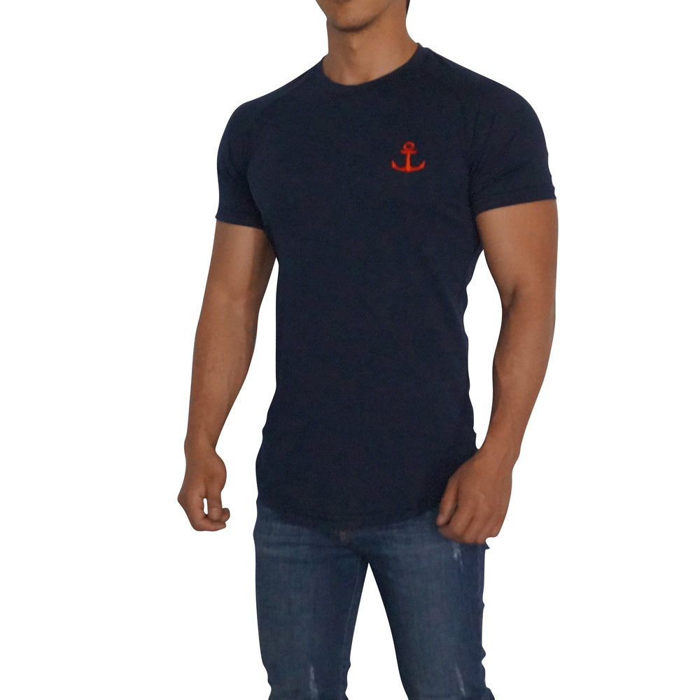 Navy Short Sleeve Ranglan T-Shirt Navy Red Logo