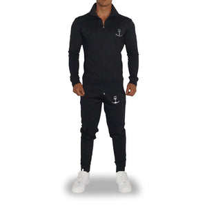 Elite Track Suit Pants Negro Franja Negra Logo Plata