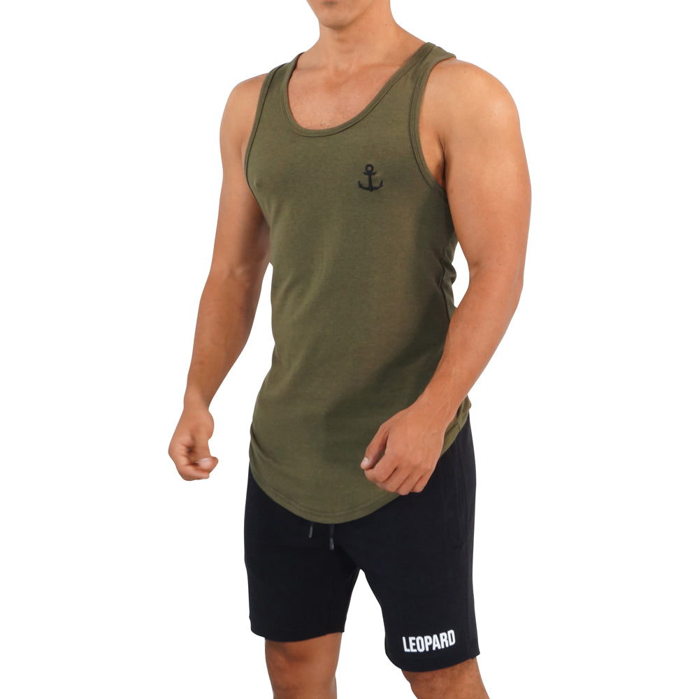 Gym Core Tank Verde Militar Ancla Negra Bordada