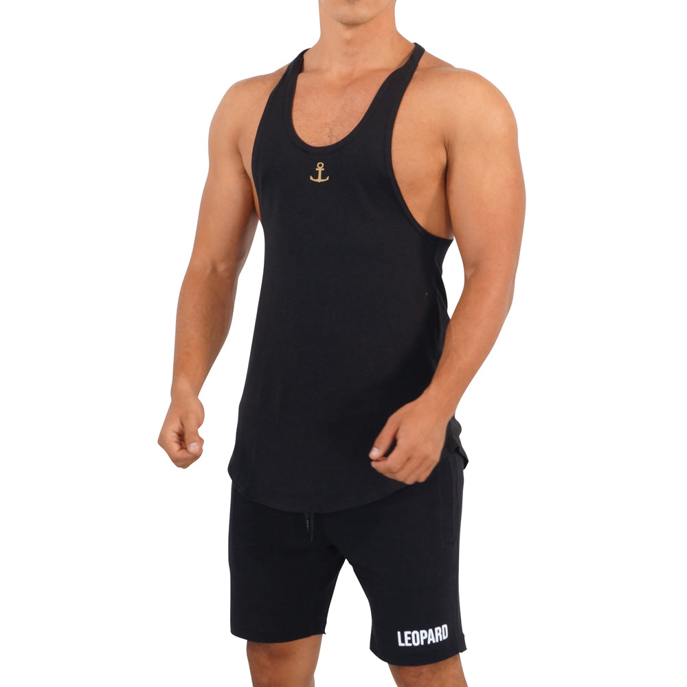 Gym Stringer Tank Negro Ancla Dorada
