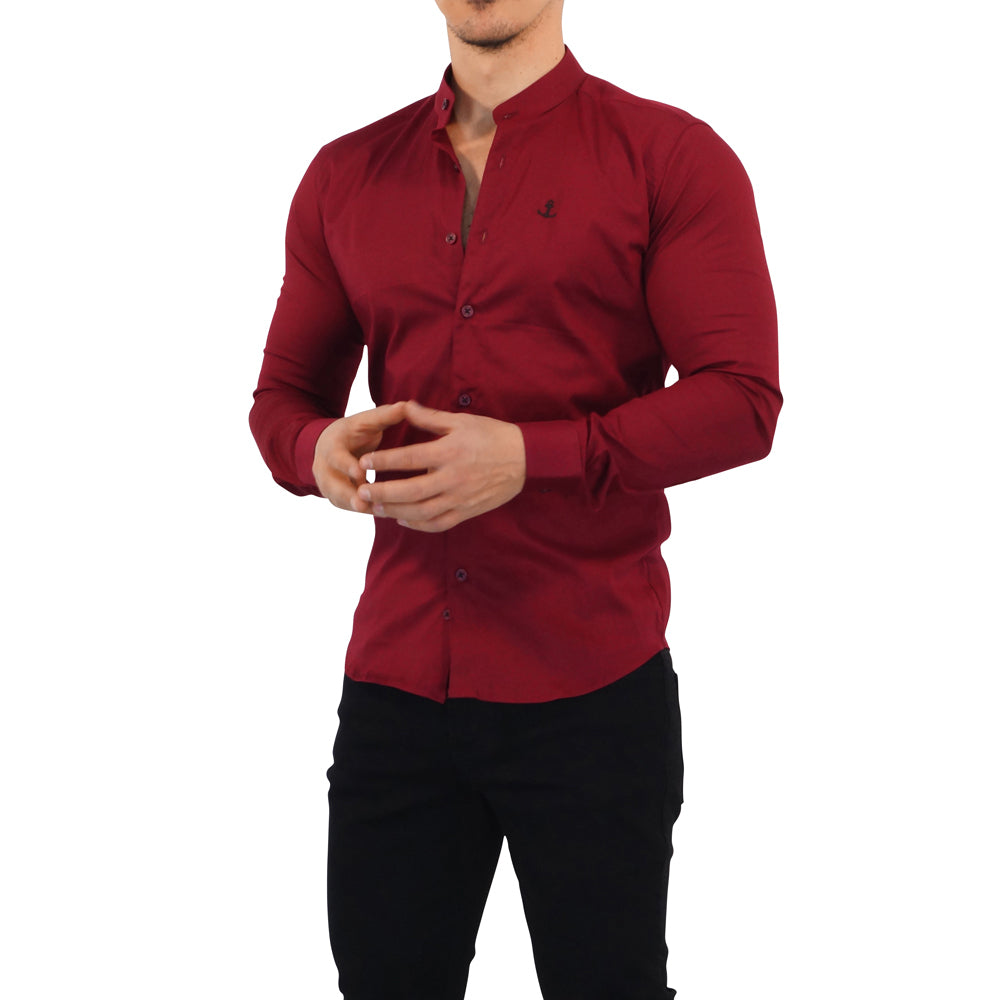 John Leopard Wine Mandarin Collar Long Sleeve Slim Fit Shirt