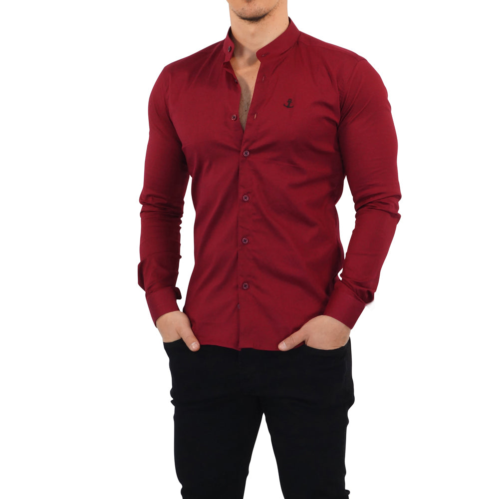 Camisa John Leopard Vino Cuello Mao Manga Larga Slim Fit