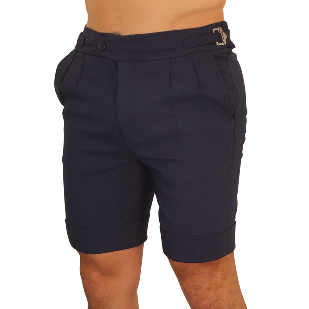 Navy Pleated &amp; Buckles Shorts