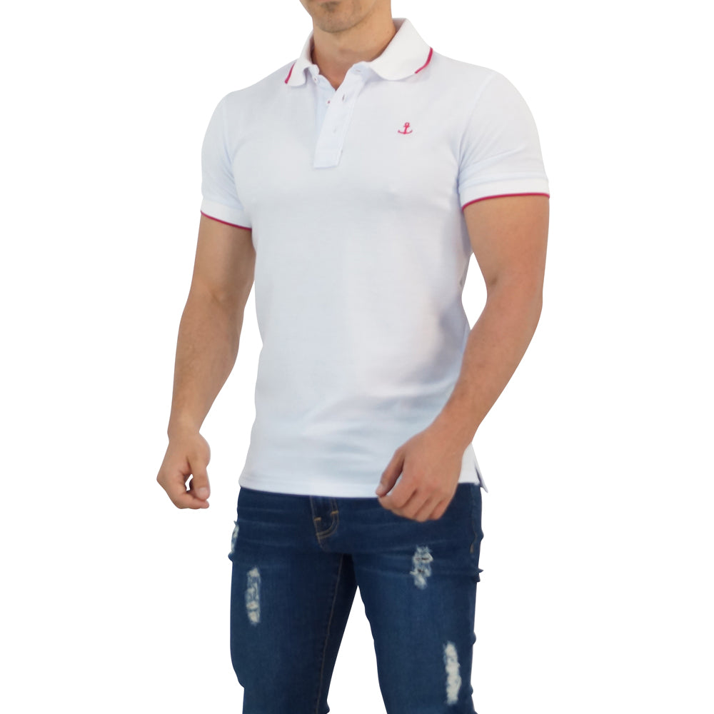 White Polo Shirt White Sleeves Fuchsia Logo