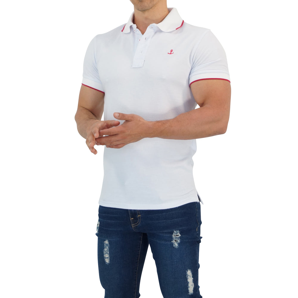 White Polo Shirt White Sleeves Fuchsia Logo