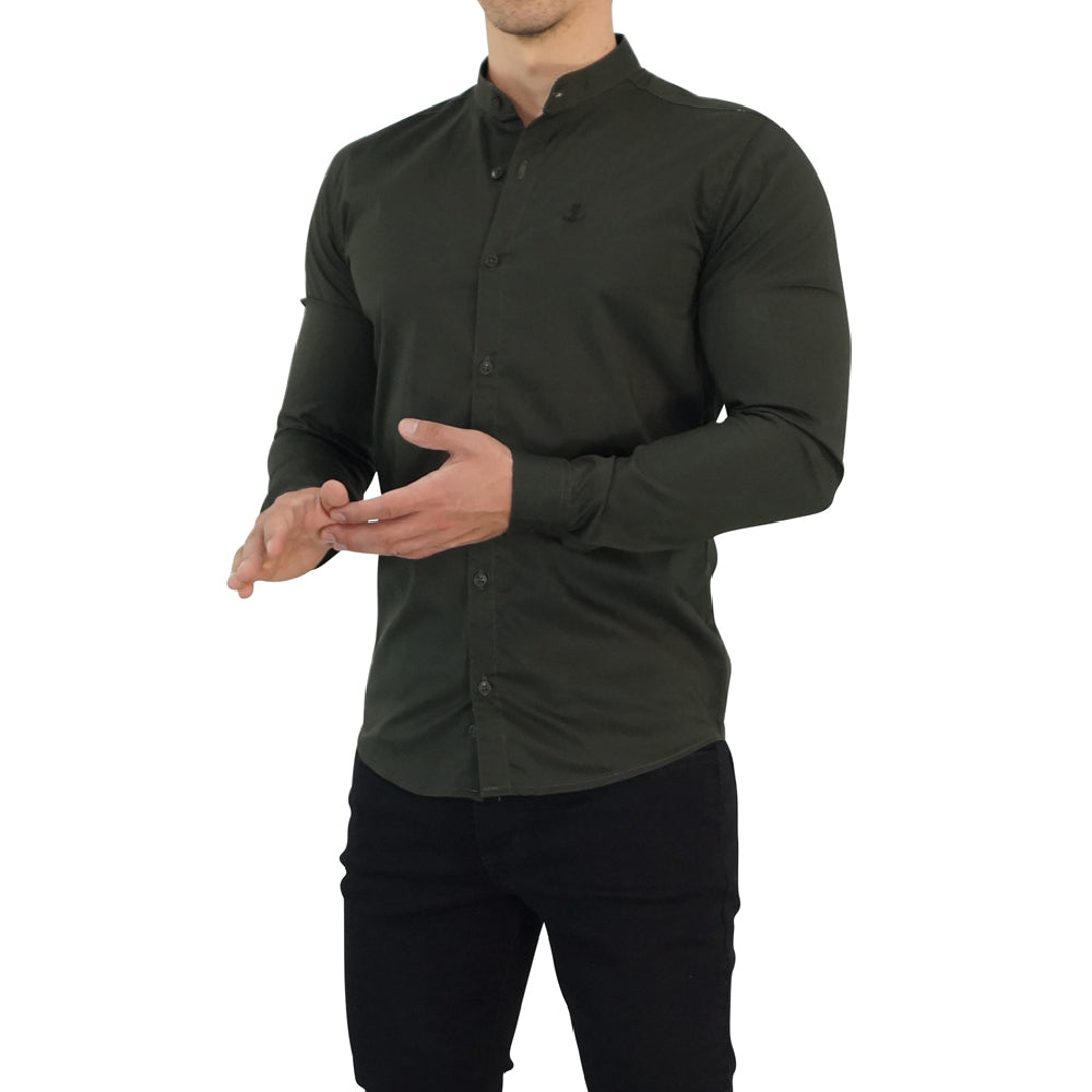 Military Green Shirt Mandarin Collar Long Sleeve Military Green 