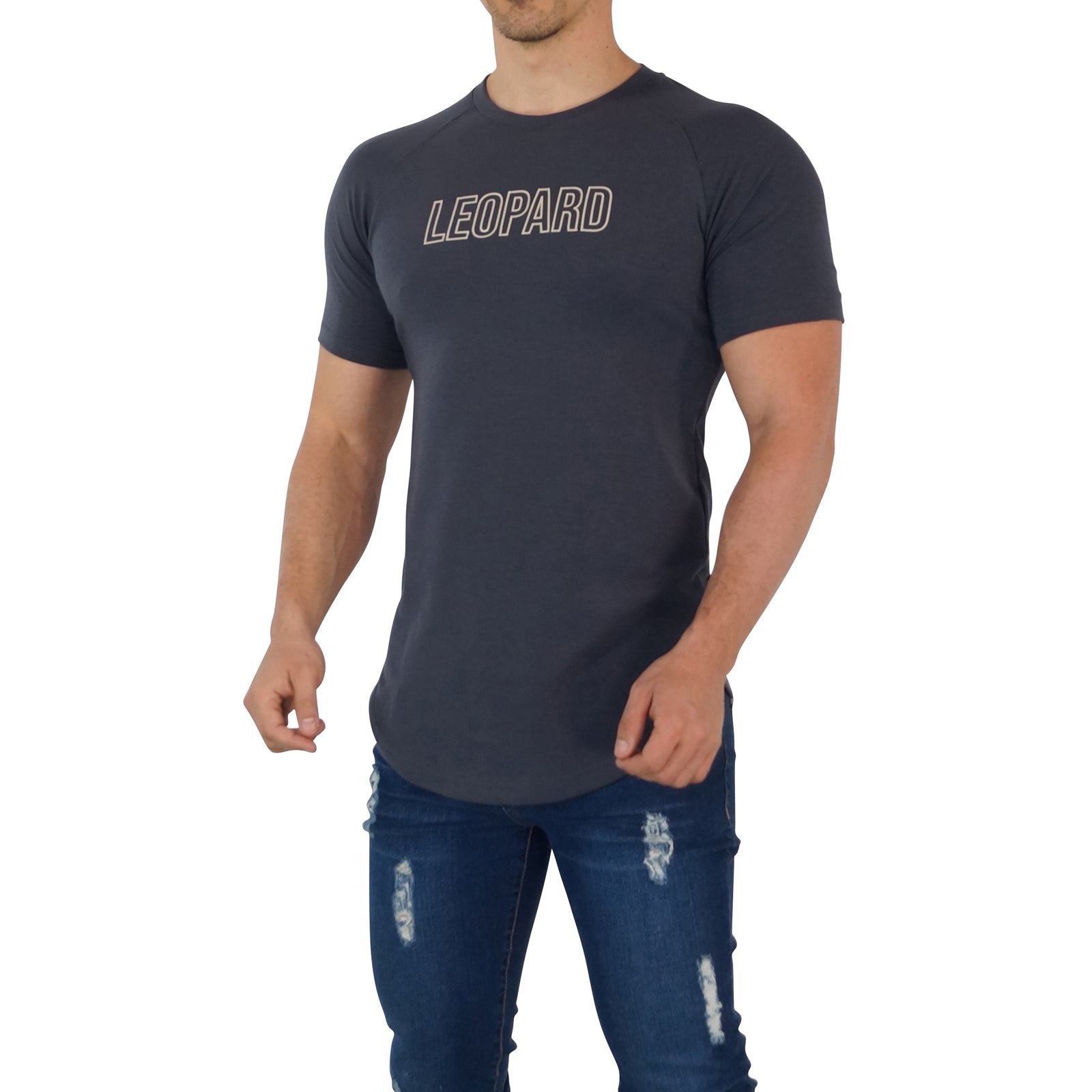 Steel Gray Short Sleeve Ranglan T-Shirt Leopard Outline Sand
