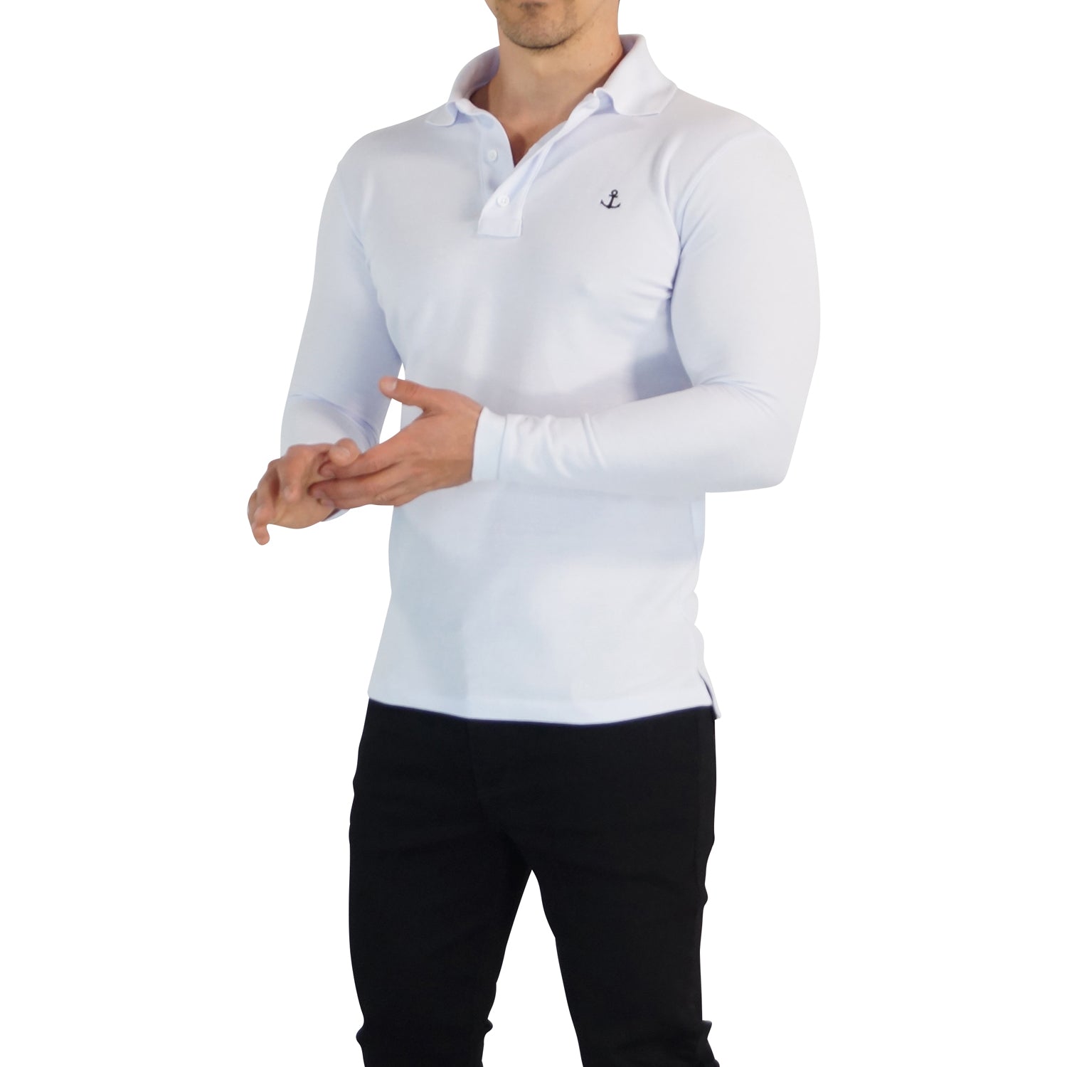 White Polo Shirt Black Logo White Long Sleeve