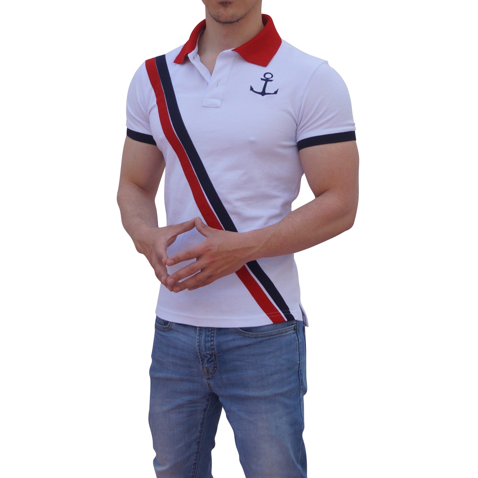 White Polo Shirt White Sleeves Stripes Navy Logo