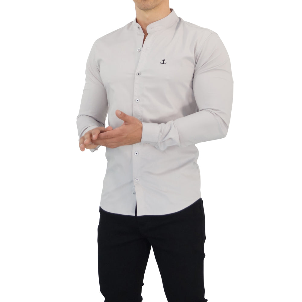 Gray Mandarin Collar Long Sleeve Slim Fit Gray Shirt