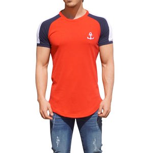 Red Short Sleeve Raglan T-shirt with White Stripe