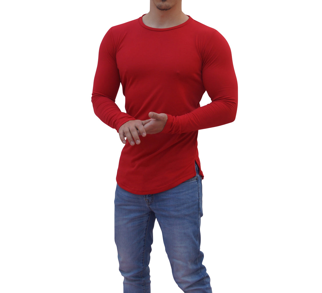 Red Round Neck Long Sleeve T-shirt With Opening