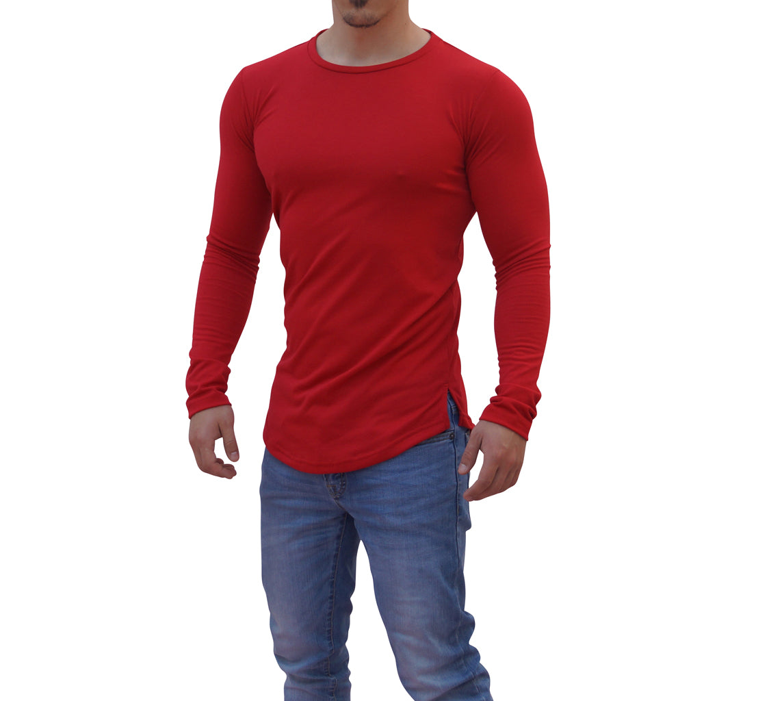 Red Round Neck Long Sleeve T-shirt With Opening